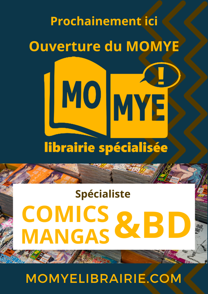 Prochainement ici(1) Affiche d'ouverture prochaine de la librairie spécialisée momye graphiste falaise