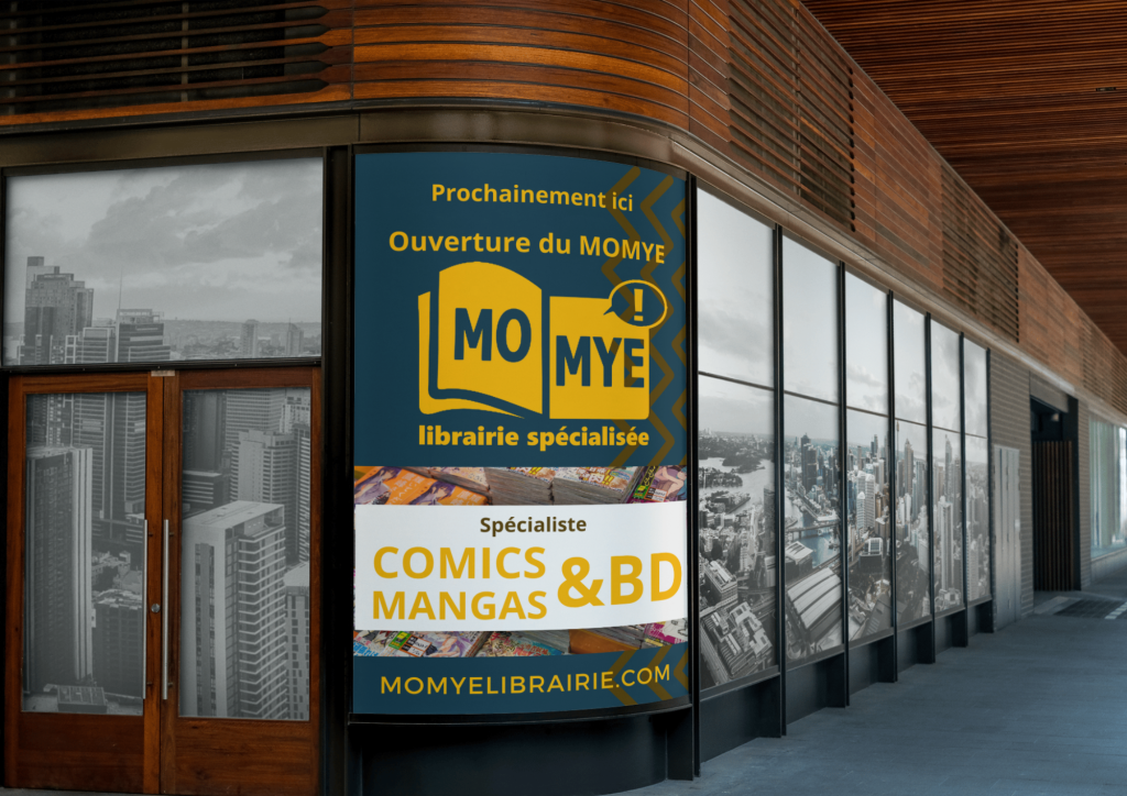 devanture_momye_mockup Image de la vitrine de la librairie momye avec une affiche indiquant l'ouverture prochaine